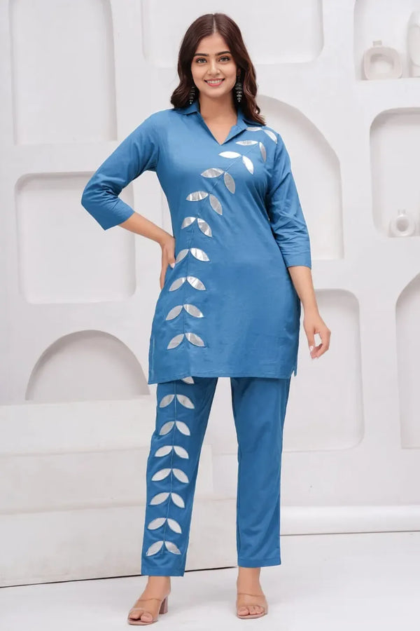 Blue Foil Leaves Kurta with Pant