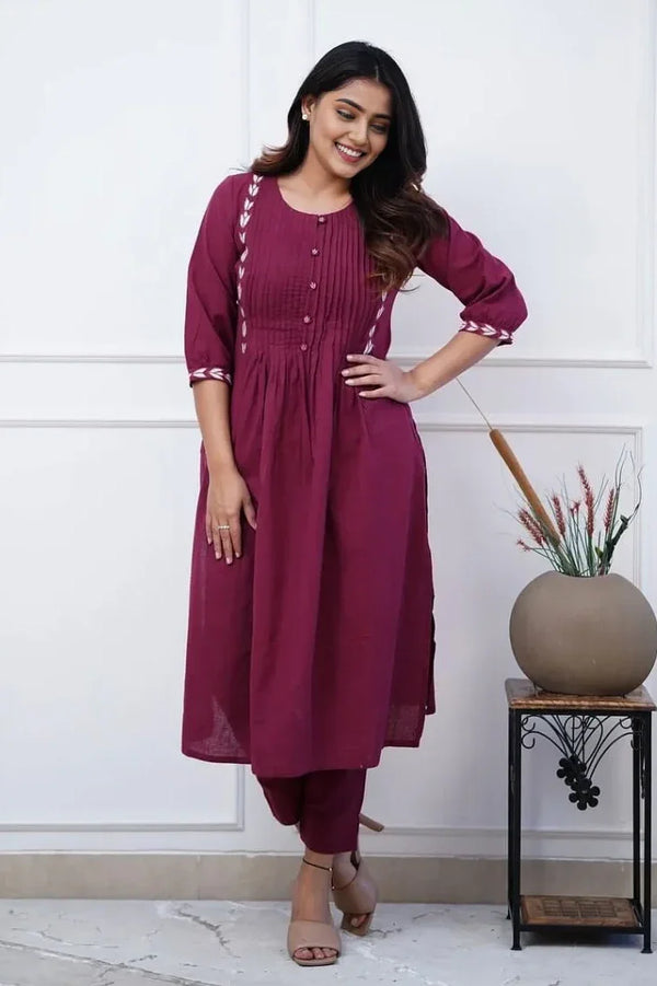 Dark Purple Pintex A-Line Kurta with Pant