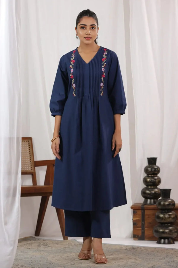 Blue Pintex A-Line Kurta with Pant