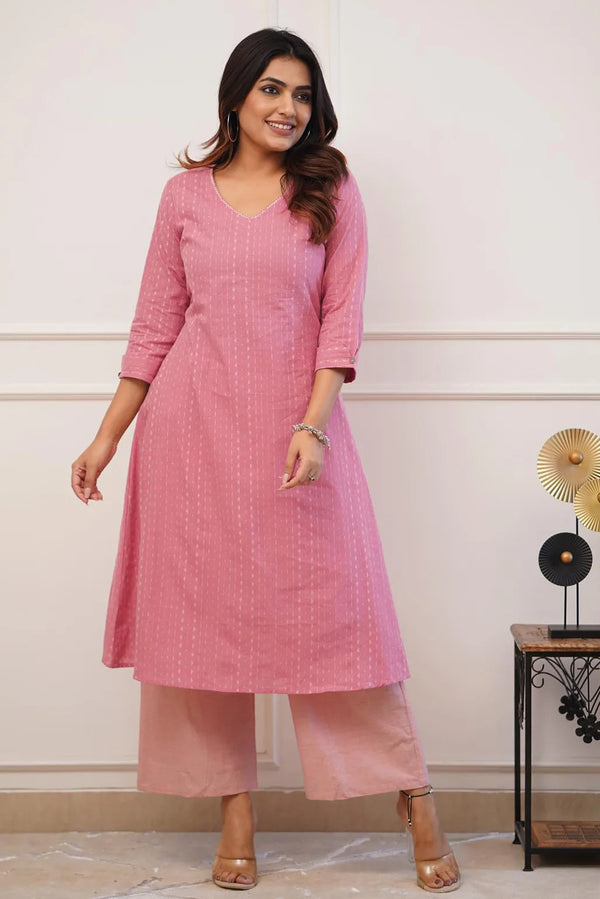 Pink Cotton Katha Work Kurta Set