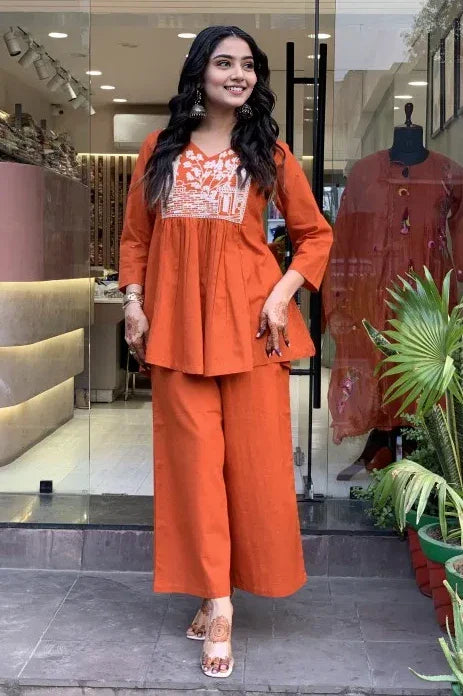 Orange A-line Embroidery Kurta with Palazzo