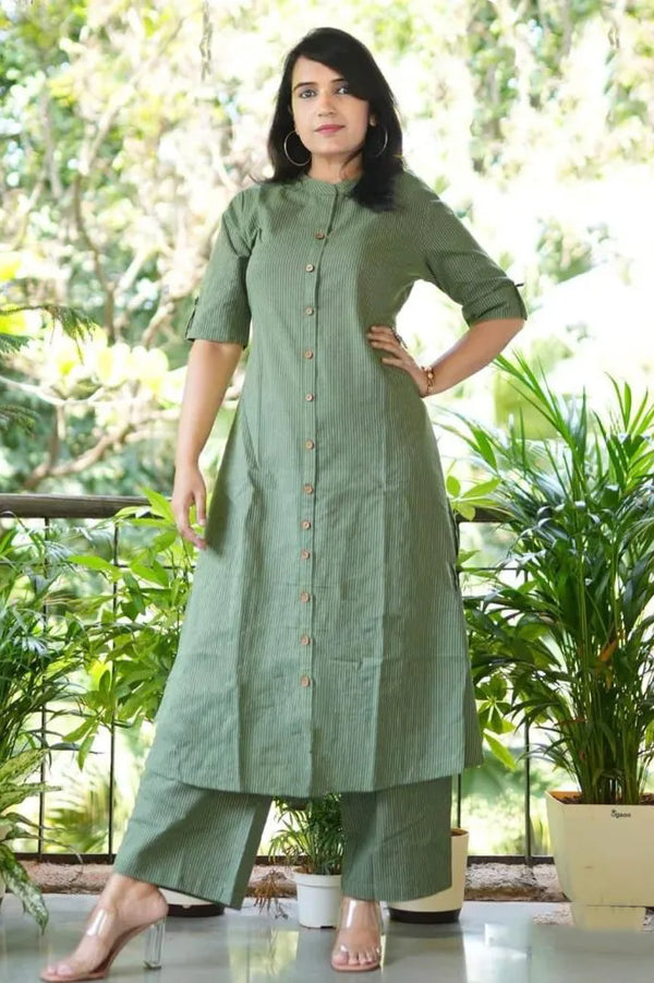 Green Cotton Katha Work Palazzo Co-ord Set