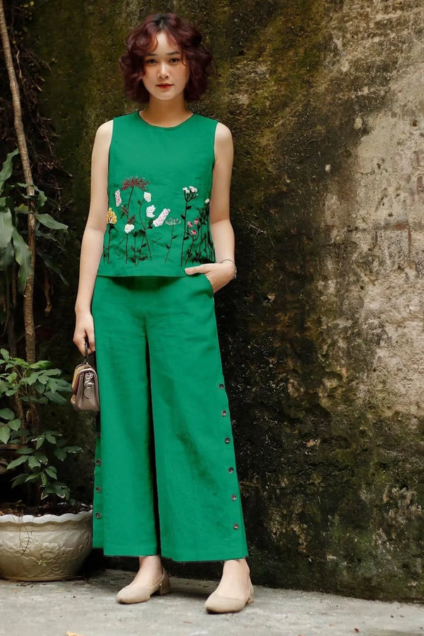 Green Embroidered Sleeveless Palazzo Co-ord Set
