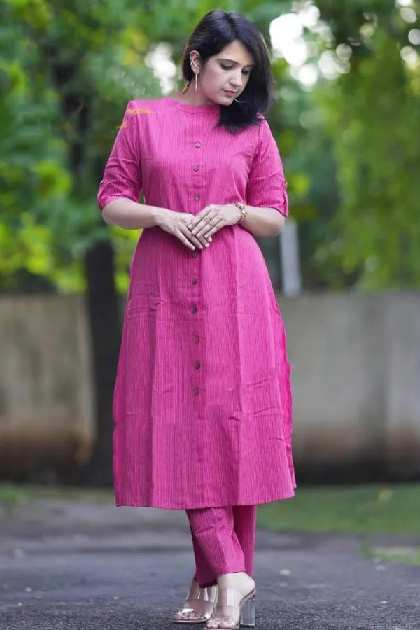 Pink Cotton Katha Work Palazzo Co-ord Set