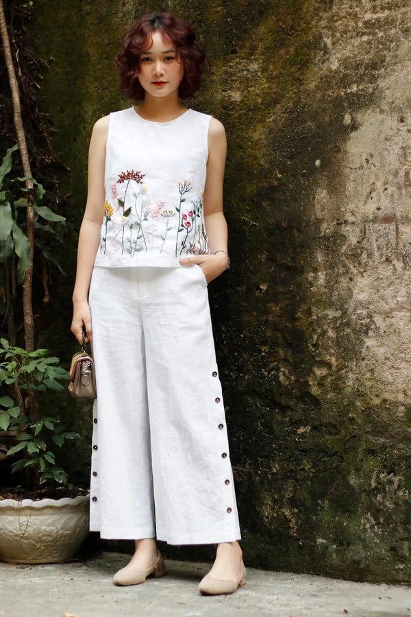 White Embroidered Sleeveless Palazzo Co-ord Set