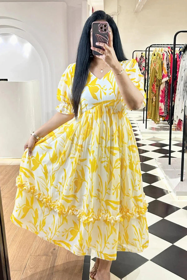 Yellow Leaves Printed Midi Dress