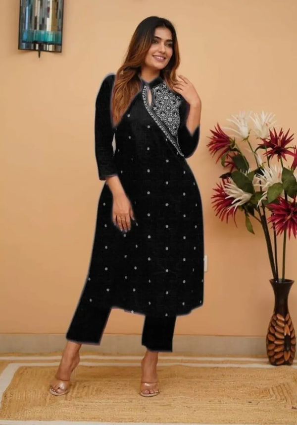 Black Embroidered Cotton Straight Kurta Set