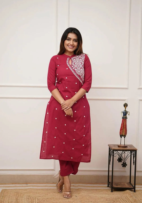 Maroon Embroidered Cotton Straight Kurta Set